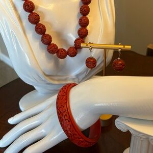Vintage Cinnabar Necklace, Earrings with 14k posts and Bracelet Set